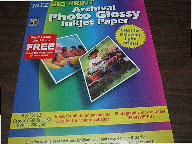 Archival Photo Glossy Inkjet Paper RITZ Big Print 8 1/2 x 11" NEW