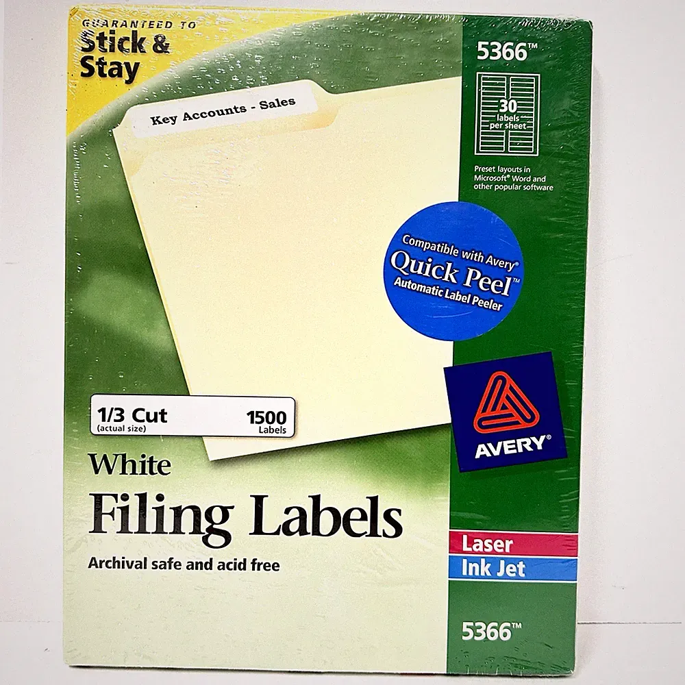 Avery 5366 White Filing Labels 1/3 Cut For Folders Laser Ink Jet 1500 Labels